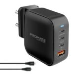 Promate GaNPort4 100W Gan Charger Adapter | 4-Ports GaN PD Wall Charger with 2 Type-C 100W Laptop Charger, Black