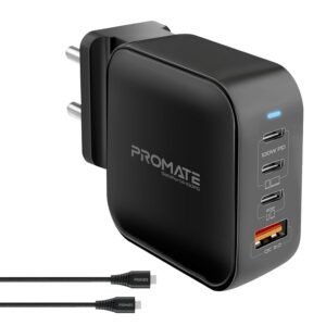 Promate GaNPort4 100W Gan Charger Adapter | 4-Ports GaN PD Wall Charger with 2 Type-C 100W Laptop Charger, Black