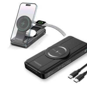 Promate Powerpack-Fold 5 in 1 Magsafe Power Bank, 10000mah 15W Foldable Wireless Powerbank